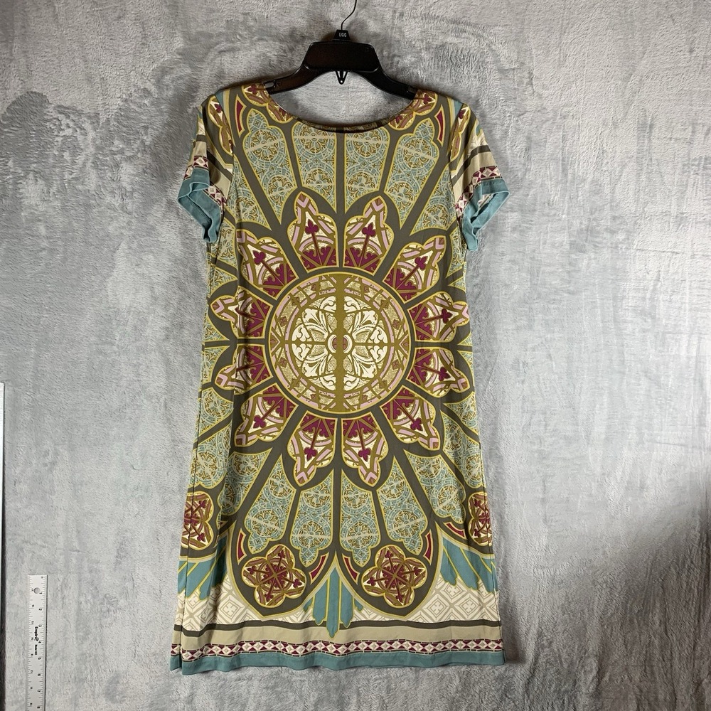 VTG Nicole Miller Women's Dress M 100% Silk Shift Short Sleeve Mandala Print Y2K
